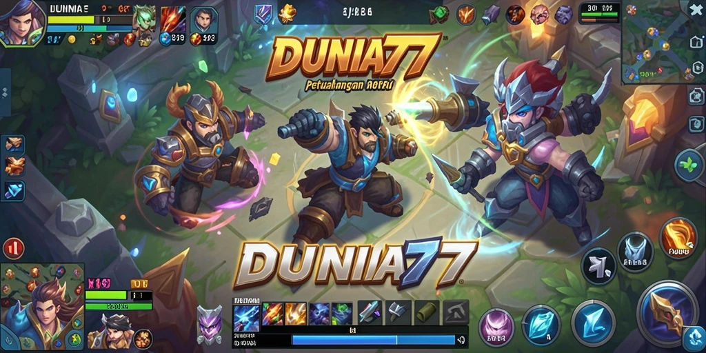 Screenshot gameplay DUNIA77 menampilkan pertempuran seru di medan perang MOBA.