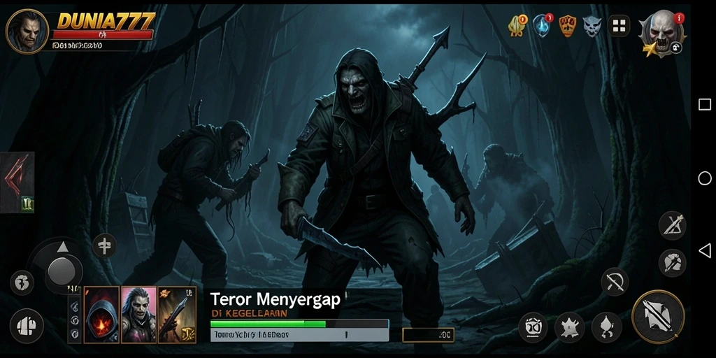 Screenshot gameplay DUNIA777 dengan suasana menyeramkan dan karakter yang mencekam.