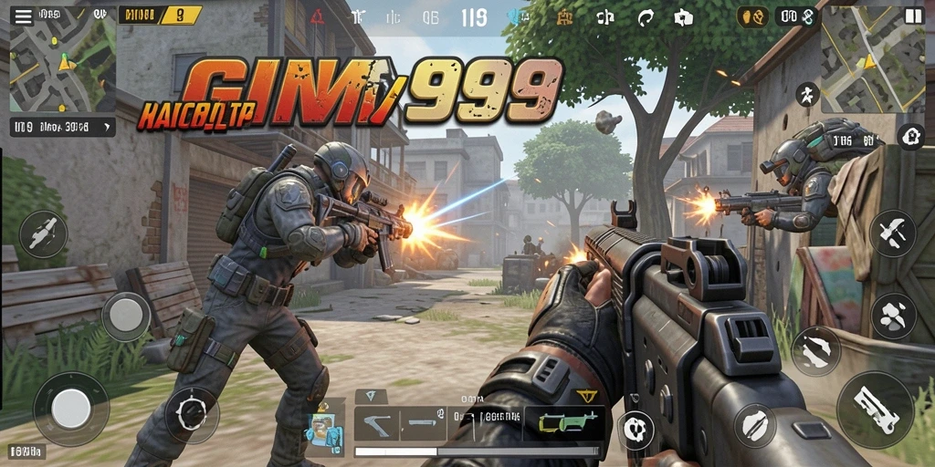 Tangkapan layar gameplay GIM999 dengan aksi tembak-menembak yang intens.