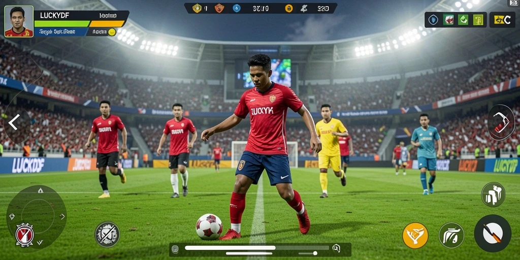 Tampilan gameplay LUCKYDF menampilkan aksi sepak bola yang mendebarkan.