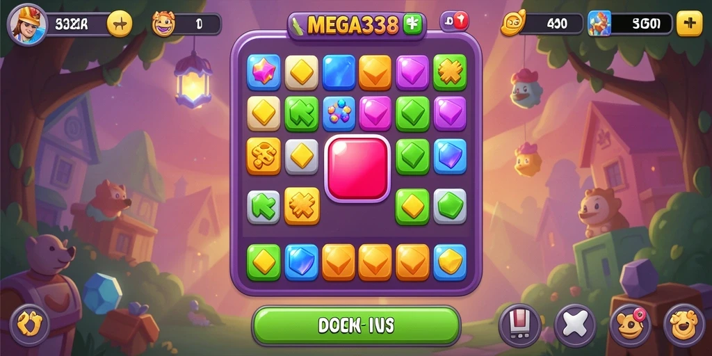 Tampilan gameplay seru MEGA338 dengan elemen Match-3 yang berwarna-warni.