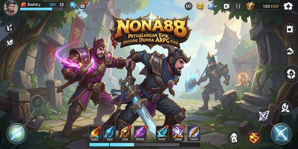 Screenshot gameplay NONA88 dengan pertarungan epik dan pemandangan menakjubkan.